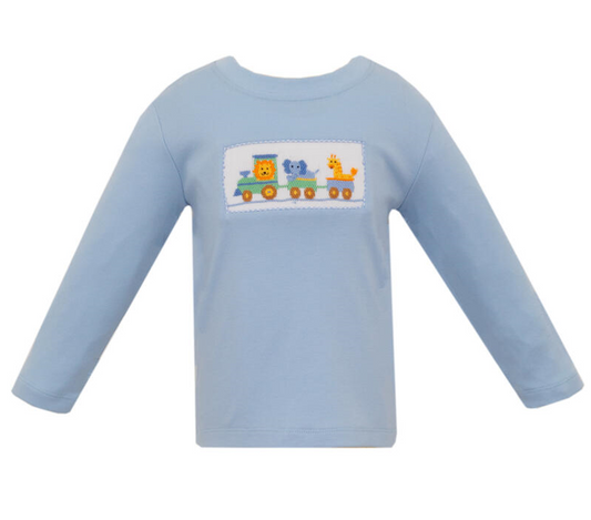 Boy's Animal Train Smocked Light Blue Long Sleeve T-Shirt