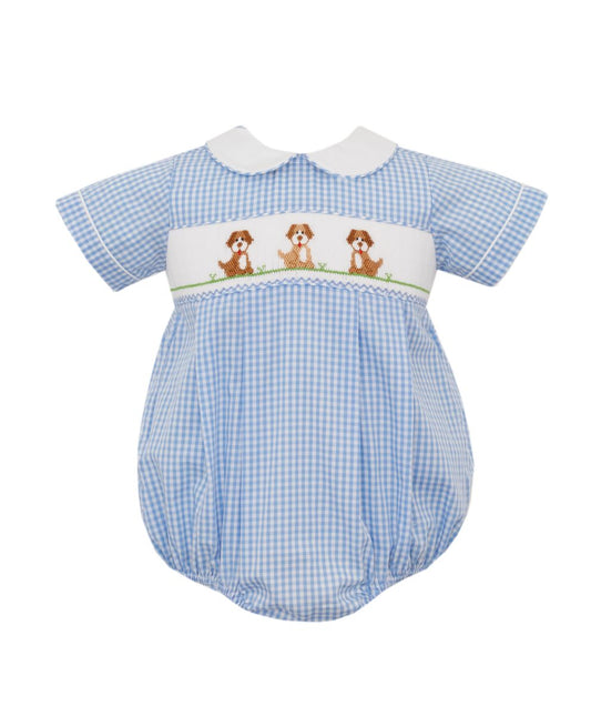 Boy's Dogs Smocked Blue Gingham Bubble