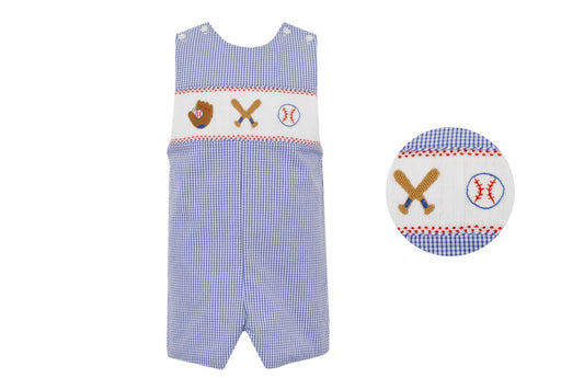 Baseball Smocked Royal Blue Gingham Seersucker John John