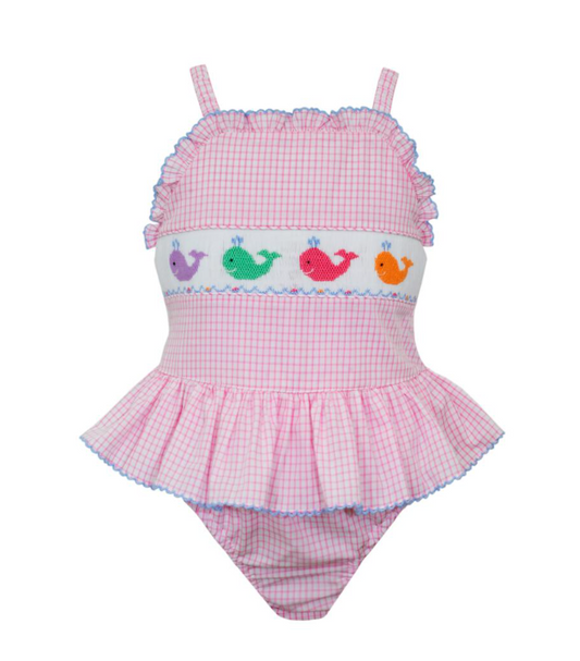 Girl's Smocked Whales Pink Check Swimsuit