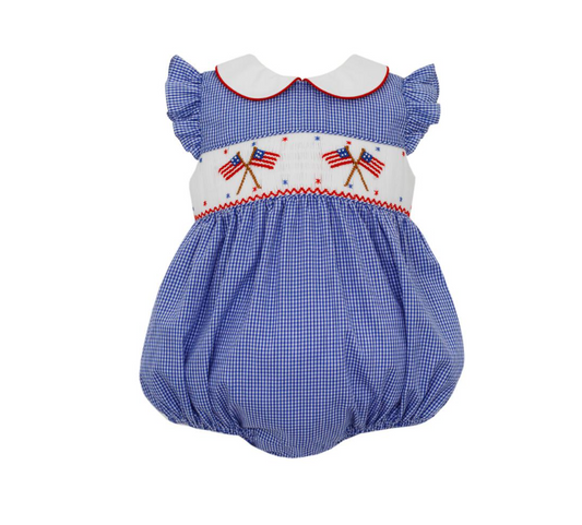 Girl's Smocked 2024 Flags Royal Blue Gingham Bubble