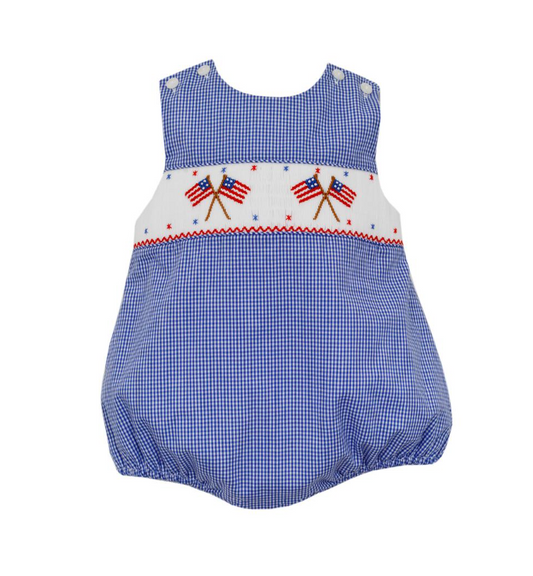 Boy's Smocked 2024 Flags Royal Blue Gingham Sun Bubble