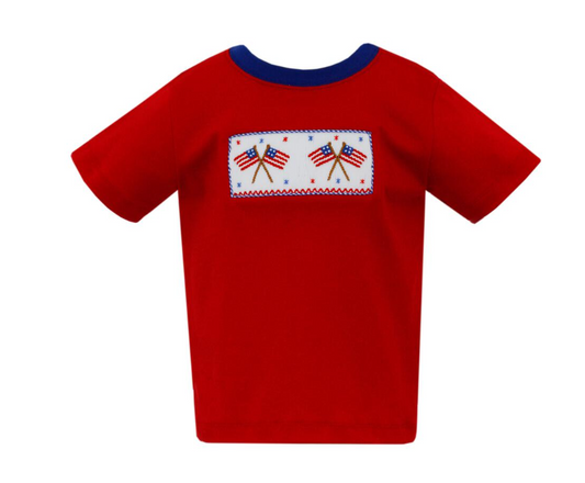 Boy's Smocked 2024 Flags Red Short Sleeve T-Shirt