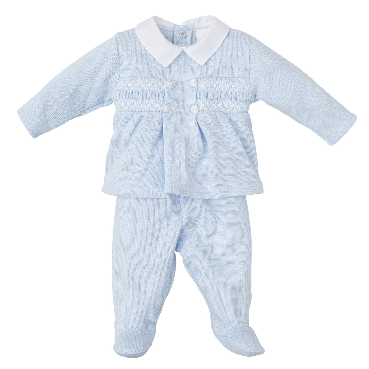 Blue Long Sleeve Smocked Footed Pant Set