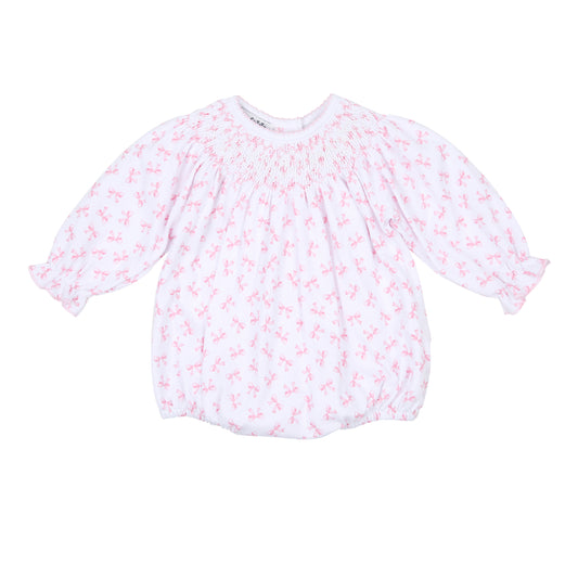 Baby Bows Pink Bishop Smocked Printed Long Sleeve Bubble