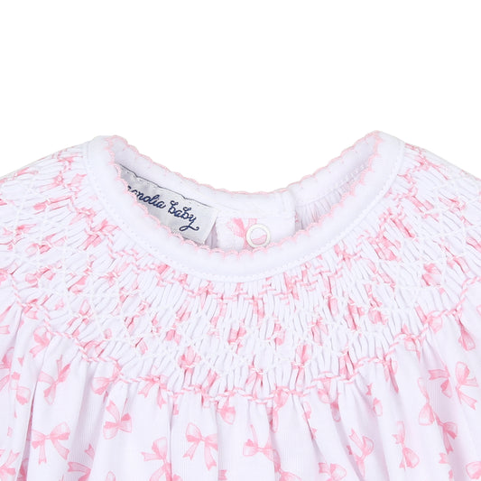 Baby Bows Pink Bishop Smocked Printed Long Sleeve Bubble