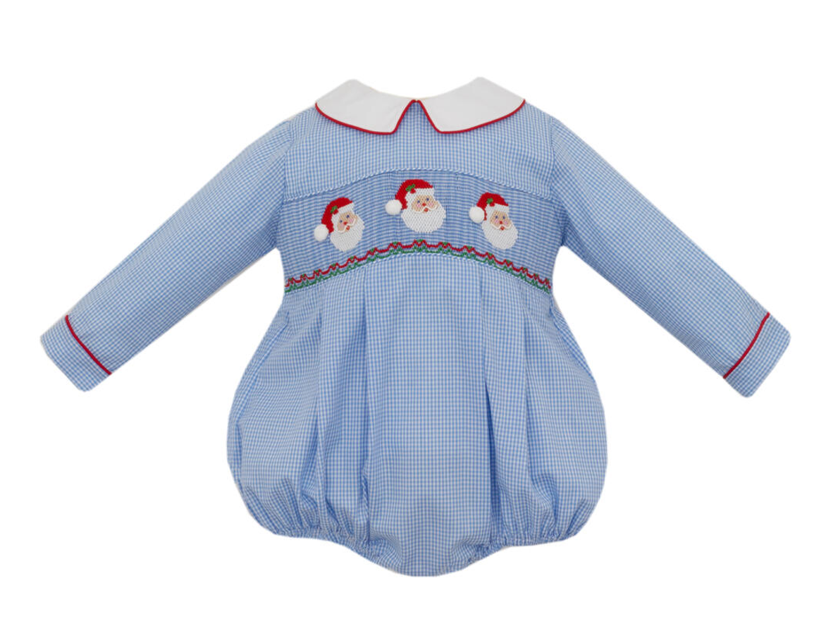 Boy's Santa Face Blue Gingham Long Sleeve Bubble