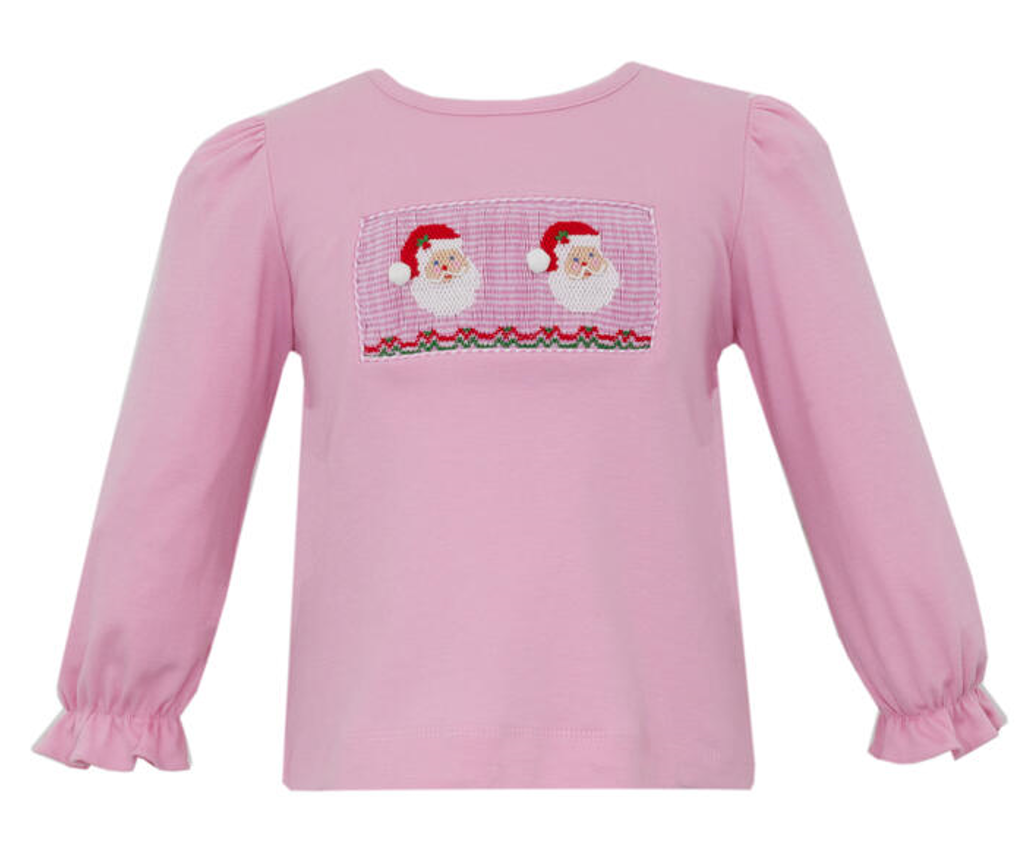 Girl's Santa Face Smocked Pink Long Sleeve T-Shirt