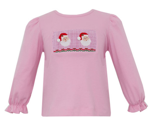 Girl's Santa Face Smocked Pink Long Sleeve T-Shirt