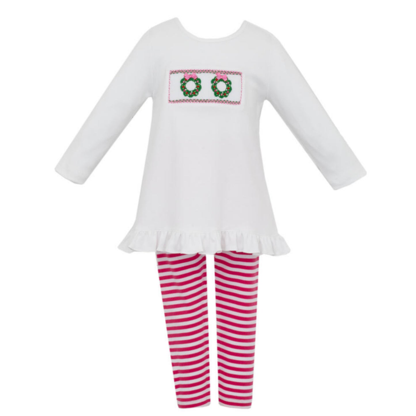 Girl's Holiday Wreath Candy Pink Stripe Leggings Set