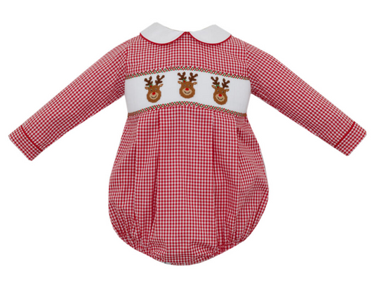 Boy's Reindeer Red Gingham Long Sleeve Bubble