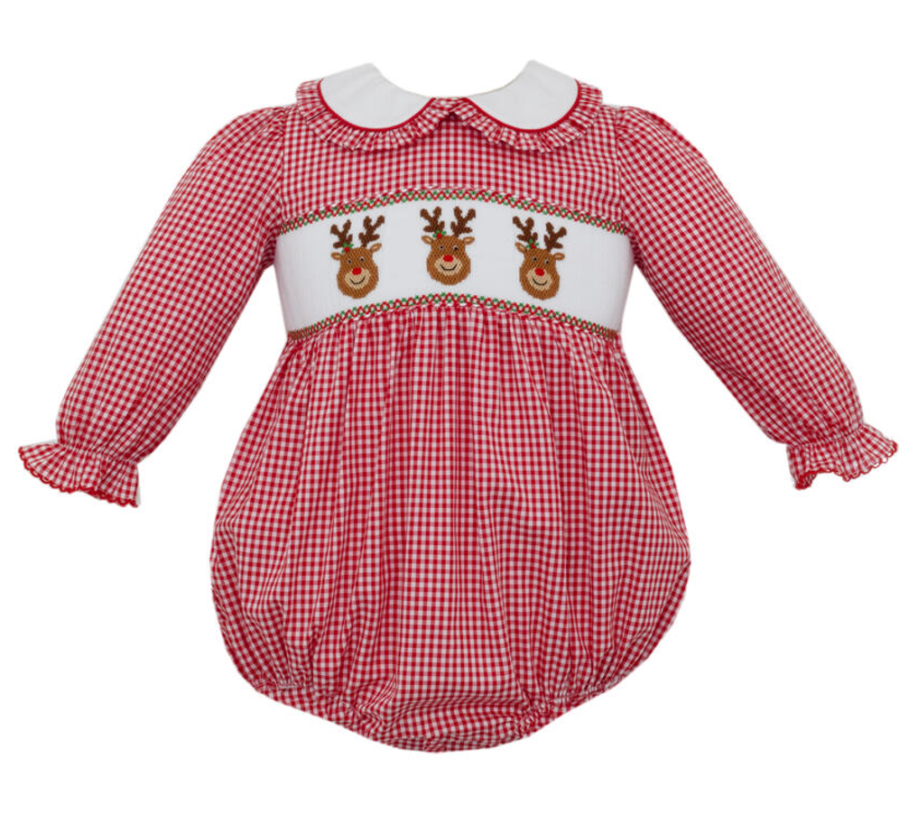 Girl's Reindeer Red Gingham Long Sleeve Bubble