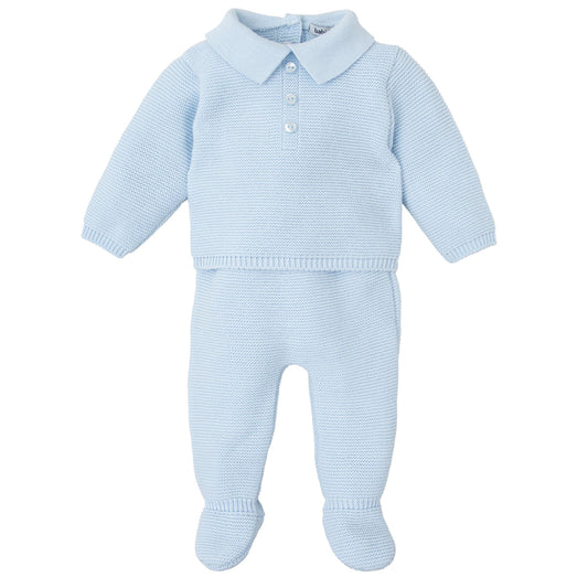 Blue Long Sleeve Garter Stitch Footed Pant Set