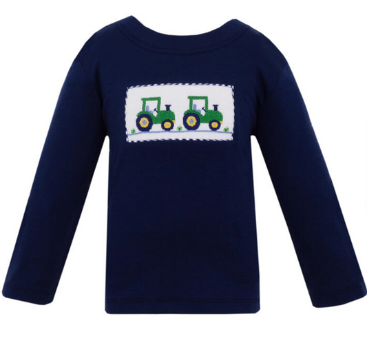 Boy's Tractor Smocked Solid Navy Blue Long Sleeve T-Shirt