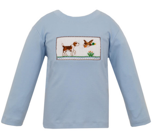 Boy's Mallard Hunting Smocked Light Blue Long Sleeve T-Shirt