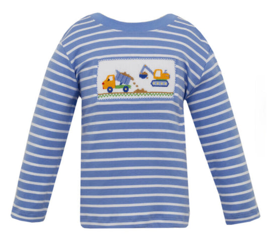 Boy's Construction Smocked Periwinkle Blue Stripe Long Sleeve T-Shirt