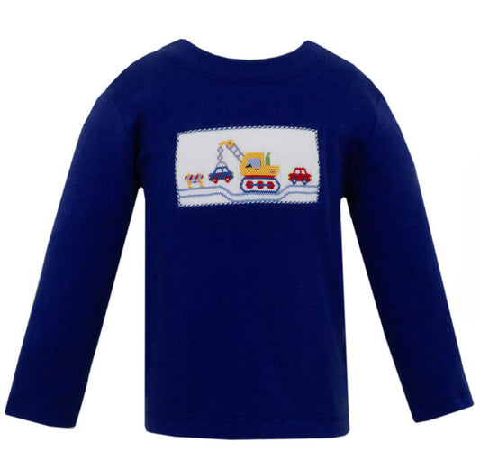 Boy's Crane Smocked Royal Blue Long Sleeve T-Shirt