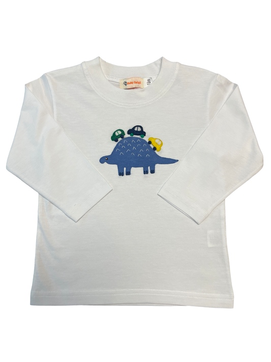 Boy's Long Sleeve White T-Shirt, Brontosaurus with Car Scales