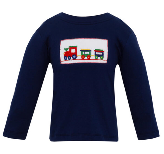 Boy's Christmas Train Smocked Navy Blue Long Sleeve T-Shirt