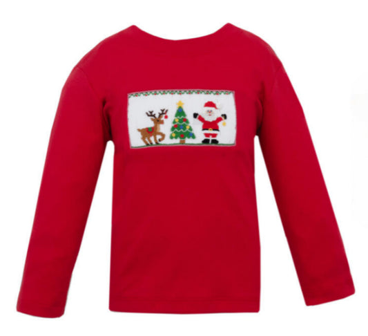 Boy's Santa Smocked Red Long Sleeve T-Shirt