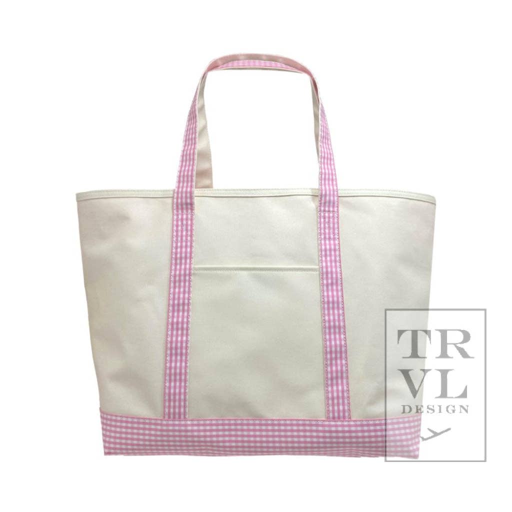 Maxi Tote, Coated Canvas Large Natural With Gingham Pink