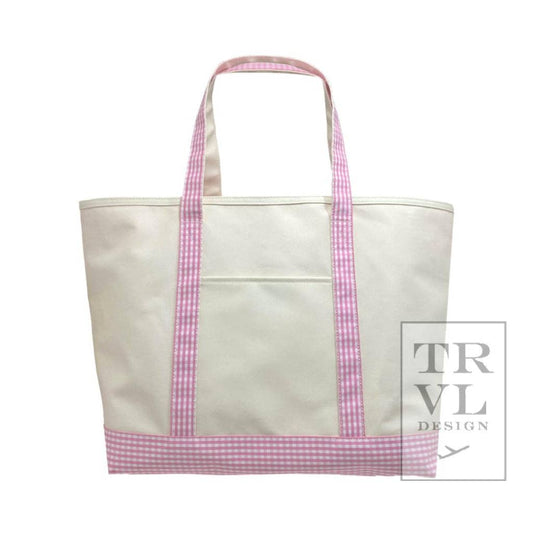 Maxi Tote, Coated Canvas Large Natural With Gingham Pink