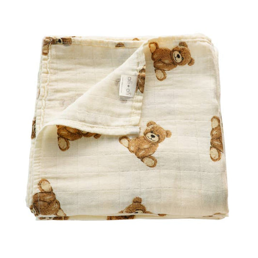 Bamboo Muslin Swaddle Blanket, Teddy Bear