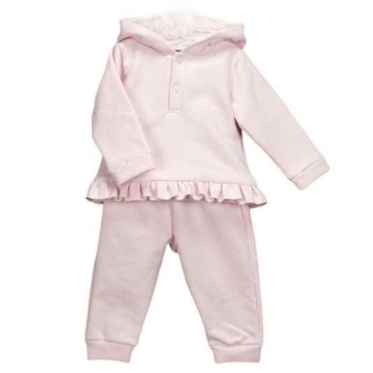 Pink Long Sleeve Hooded Tracksuit Pant Set with Ruffle