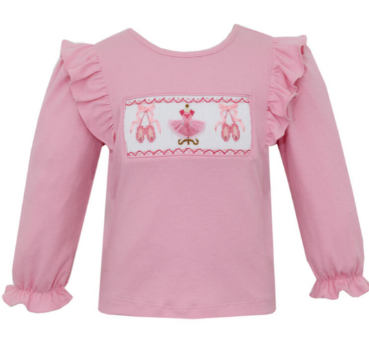 Girl's Ballet Slippers Smocked Pink Long Sleeve T-Shirt