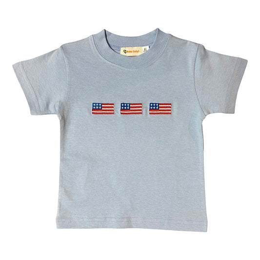 Boy's Short Sleeve 3 Flags Embroidered Sky Blue T-Shirt