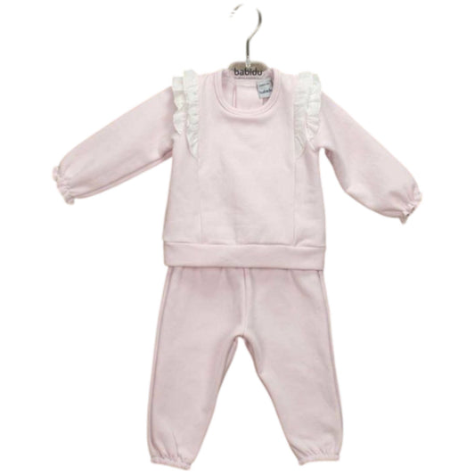 Pink Long Sleeve Tracksuit Pant Set with Eyelet Lace Ruffles