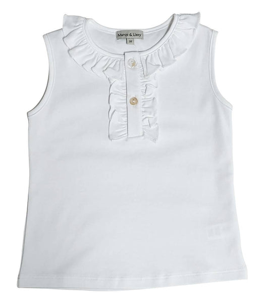 Girl's White Ruffle Neck Sleeveless Top