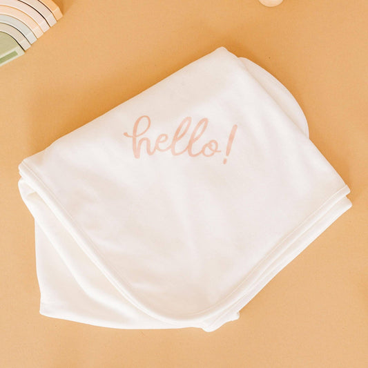 Hello! Receiving Blanket, White with Pink