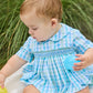 Little English traditional children's clothing.  Baby boy's aqua and green plaid bubble with peter pan collar and smocking across the chest.