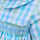 Little English traditional children's clothing.  Baby boy's aqua and green plaid bubble with peter pan collar and smocking across the chest.