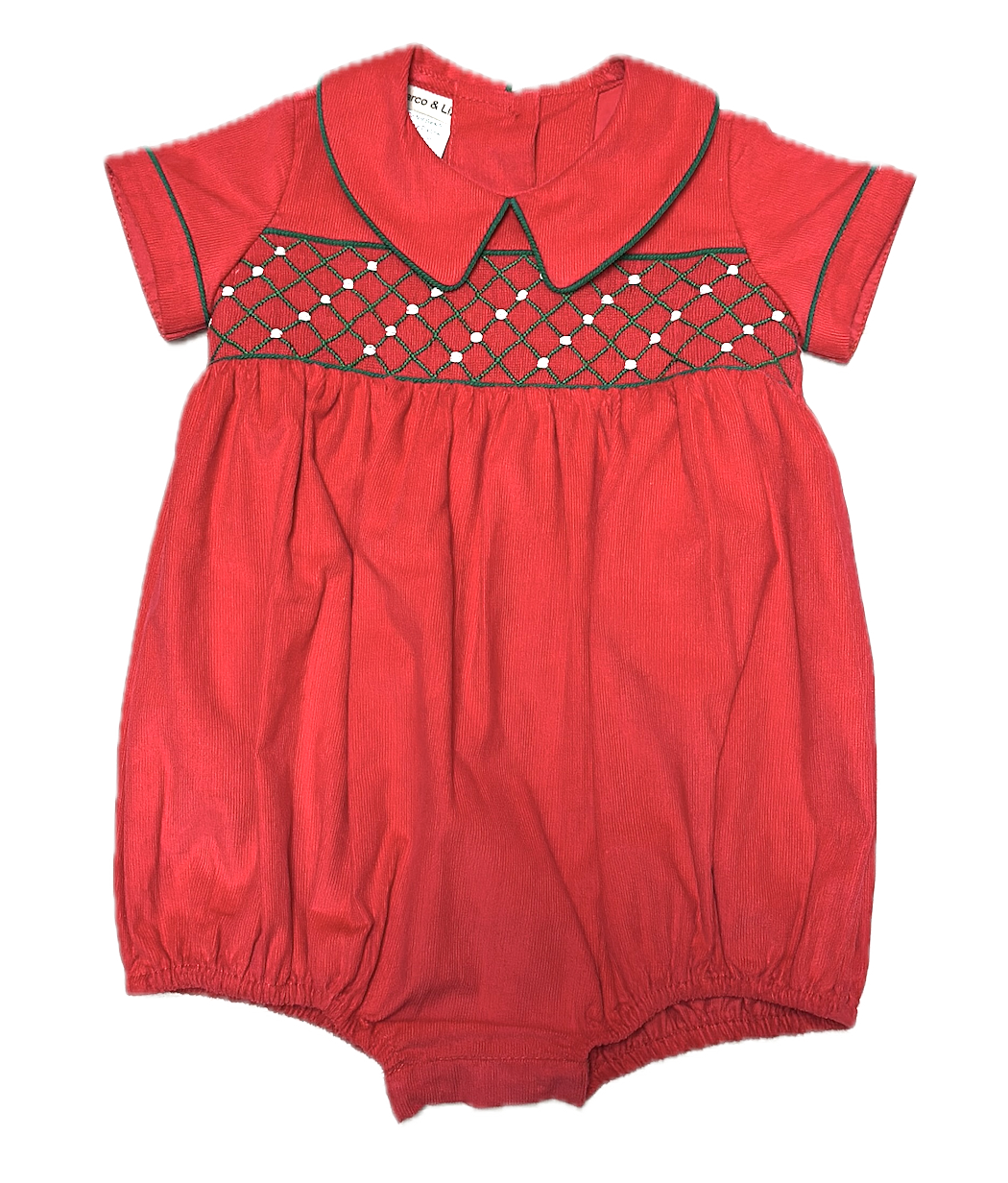Red Corduroy Christmas Smocked Bubble