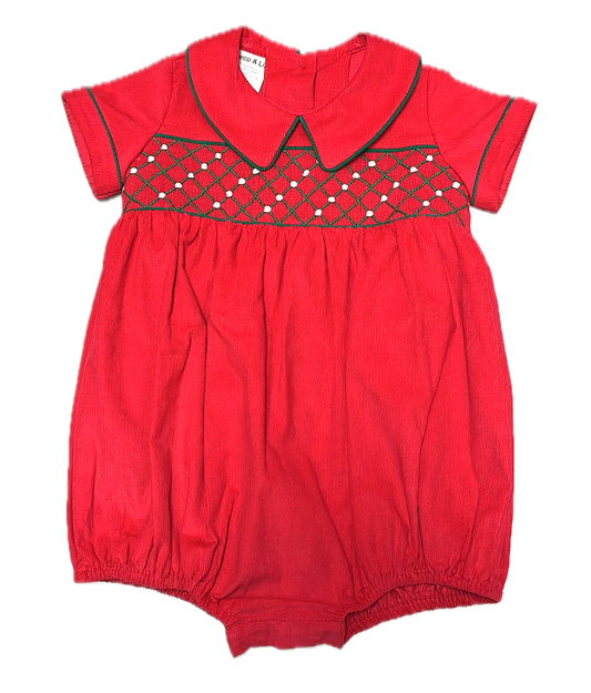 Red Corduroy Christmas Smocked Bubble