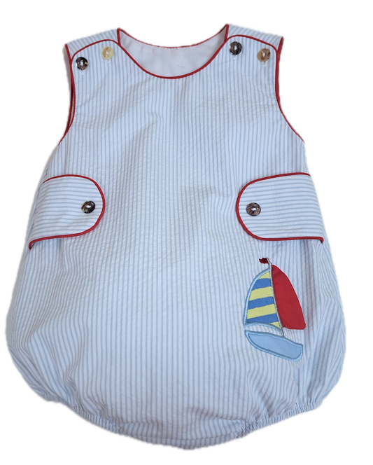 Boy's Sailboat Applique Blue Seersucker Bubble