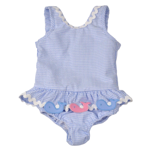 Whales Blue Gingham Girls Swimsuit