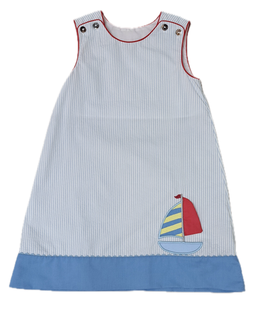 Girl's Sailboat Applique Blue Seersucker A-line Dress