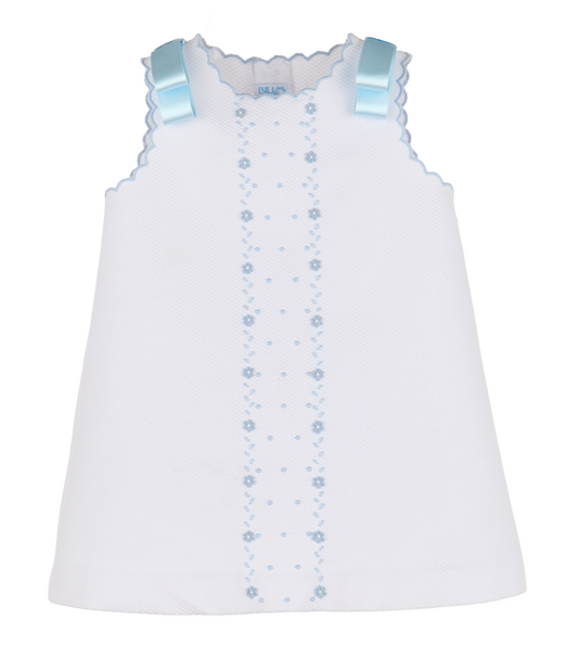 Embroidered Blue Flowers Sleeveless Pique Dress