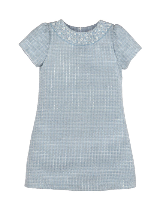 Embroidery Tweed Blue Shift Dress