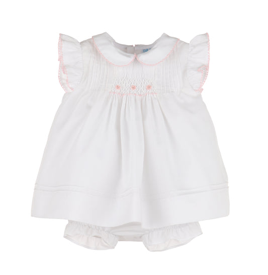 Sweet April Smock Dress Set, White w/ Pink