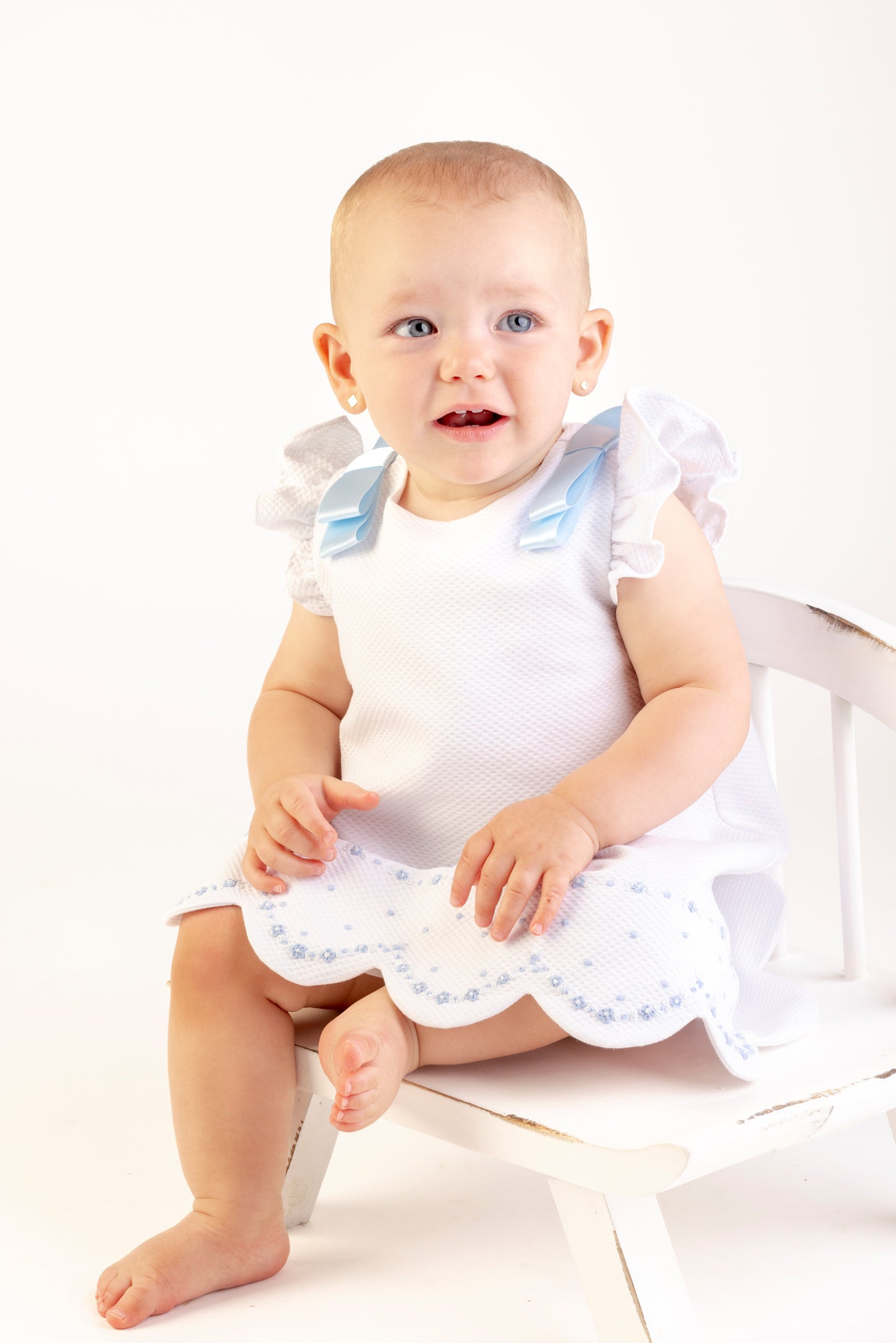 Timeless Treasures A-line Dress, White w/ Blue Satin Bows