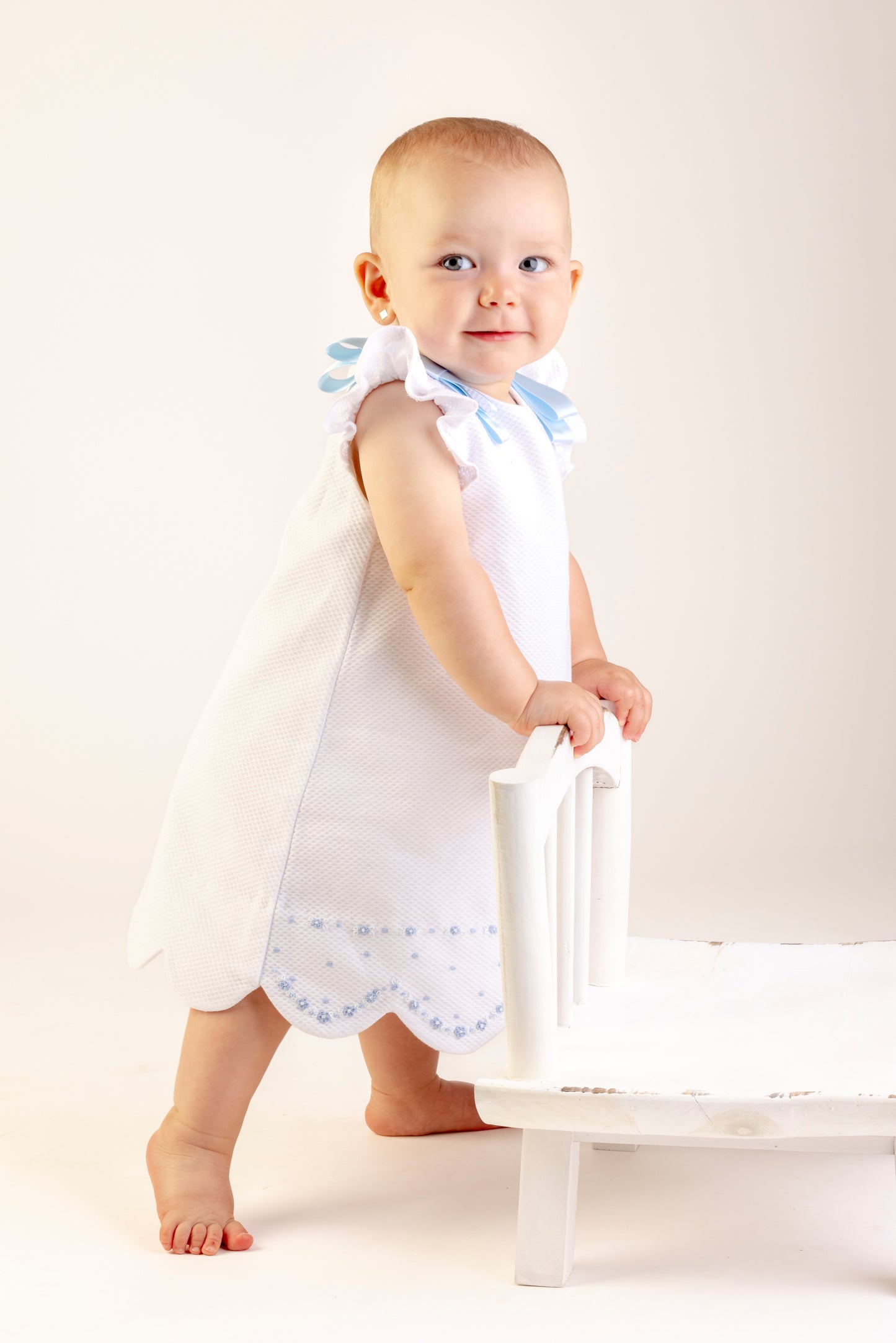 Timeless Treasures A-line Dress, White w/ Blue Satin Bows