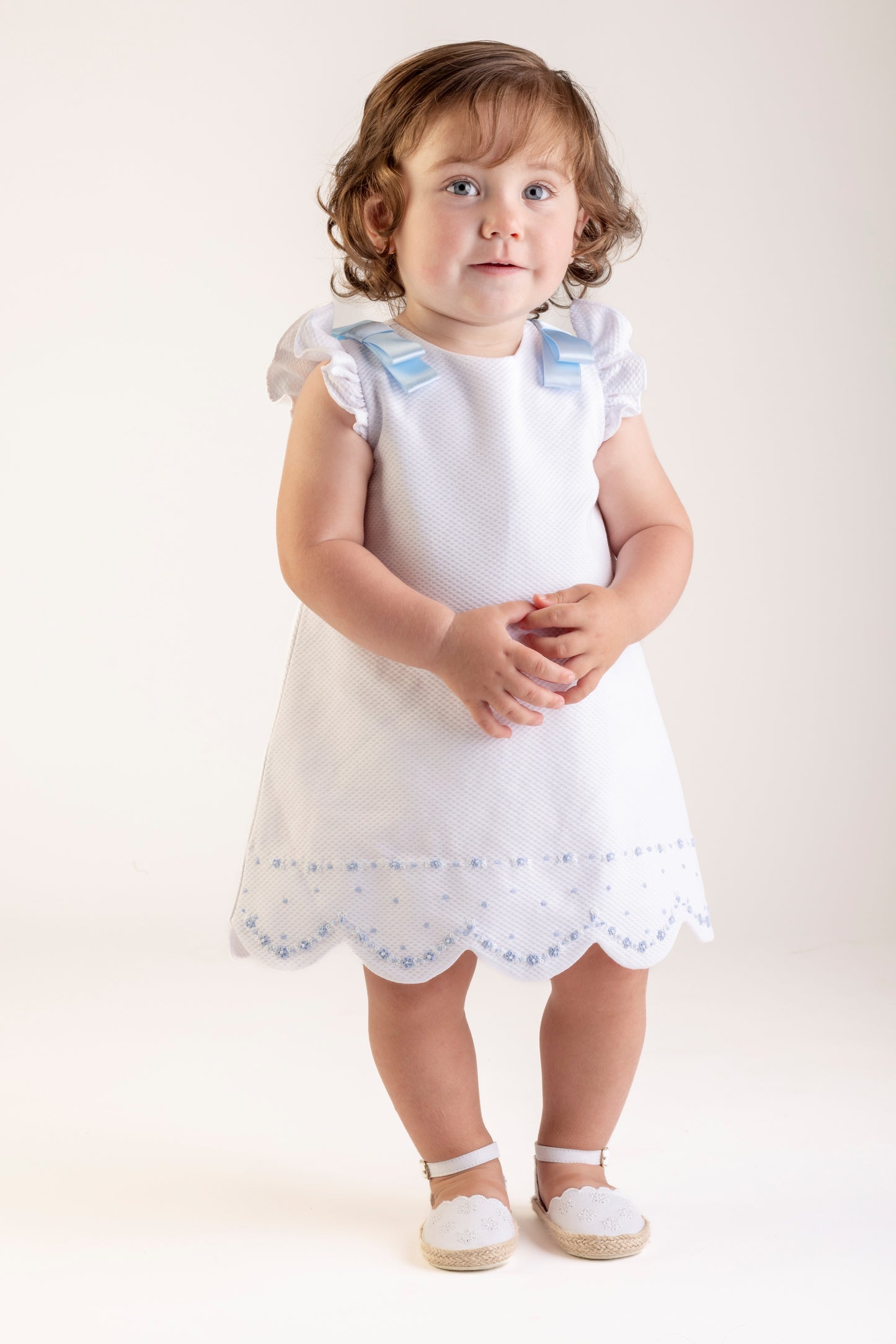 Timeless Treasures A-line Dress, White w/ Blue Satin Bows