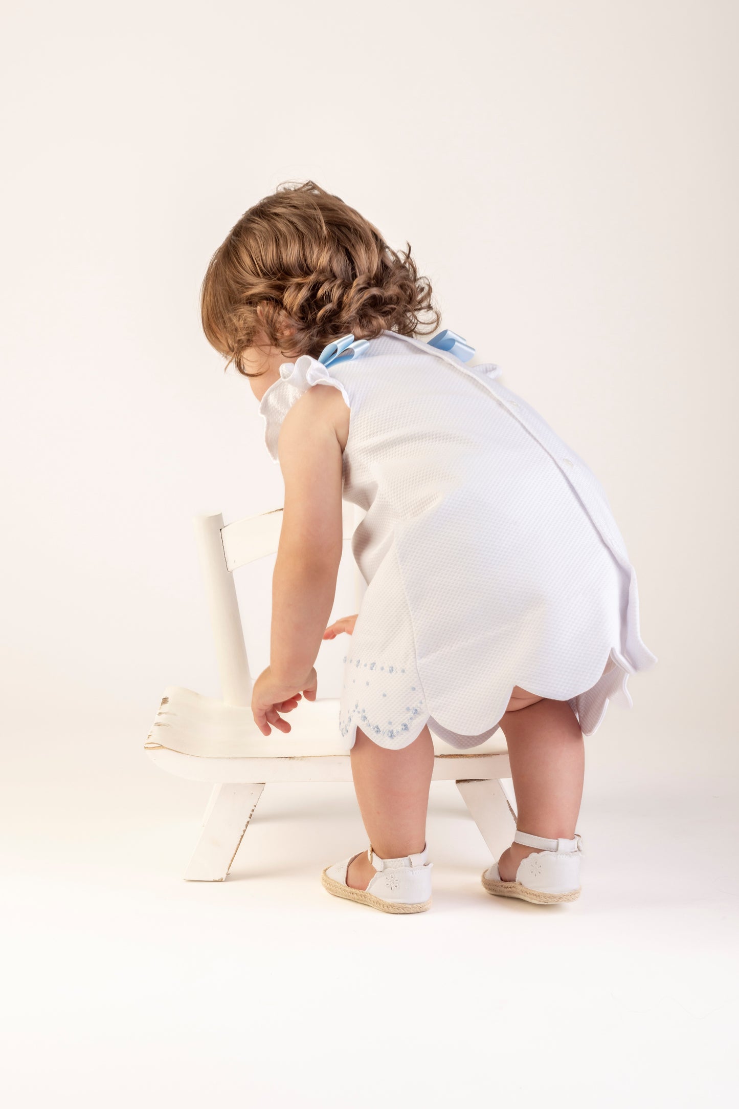 Timeless Treasures A-line Dress, White w/ Blue Satin Bows