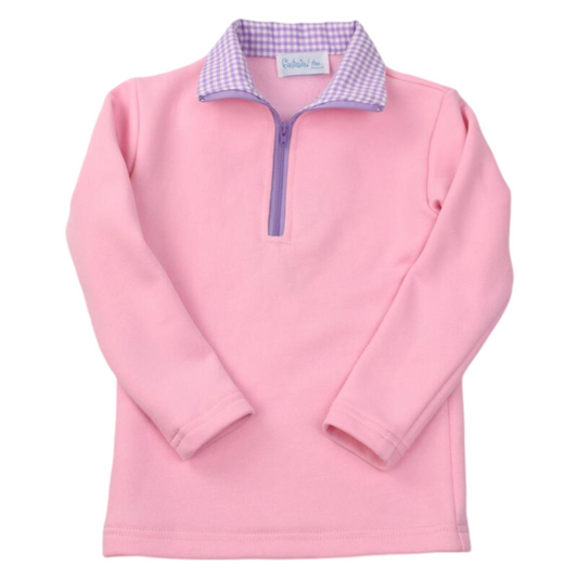 Pink Half Zip Fleece Top with Lavender Gingham Trim