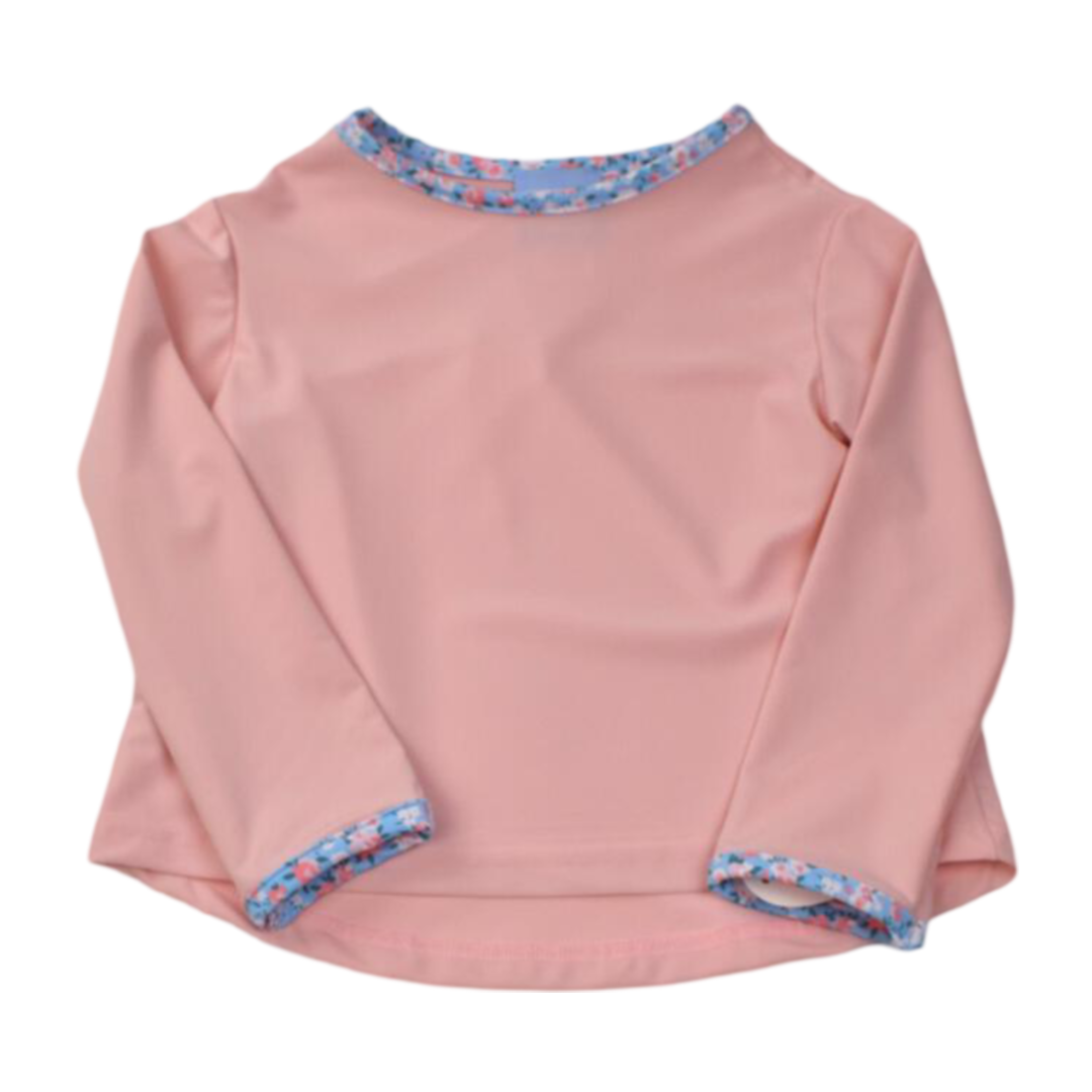 Pink Long Sleeve Top with Blue & Pink Floral Trim