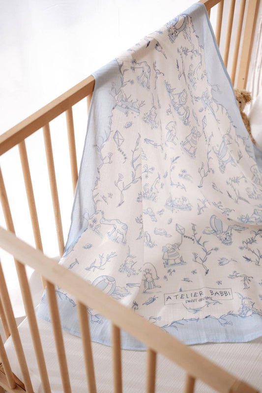 Muslin Swaddle, Blue Toile De Jouy